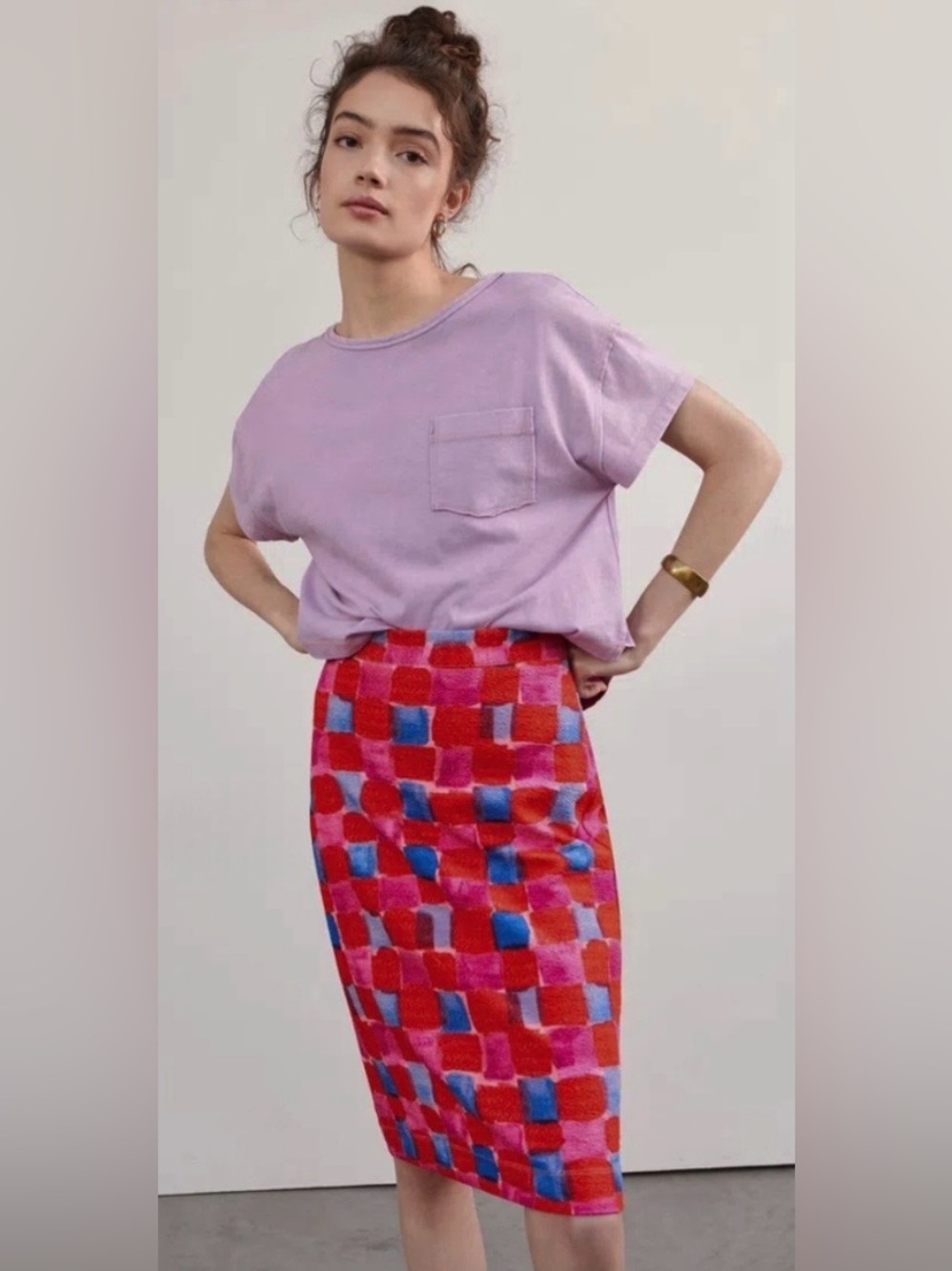 NWT Anthropologie Maeve Pink Blue Checkered Knit Pencil Skirt Size XL